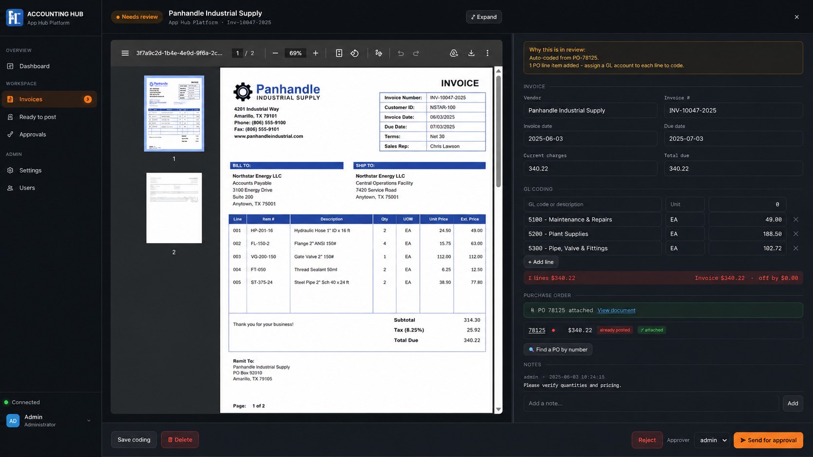 Accounting Hub invoice review and GL coding screen